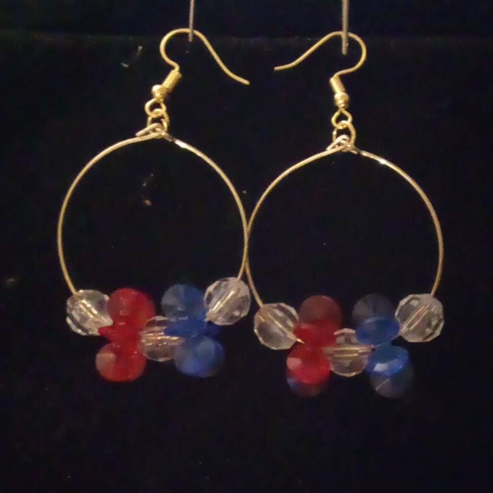 ❤️ Handmade Hoop Red/White/Blue Beaded Earrings